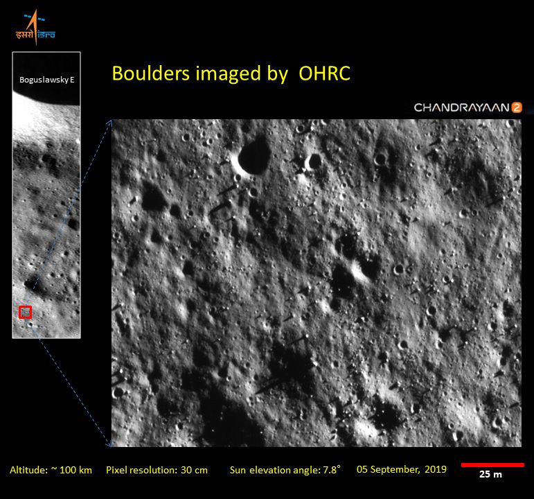 India&#039;s Chandrayaan-2 spacecraft in orbit around the moon captured this high-resolution photo of the lunar south pole on Sept. 5, 2019.