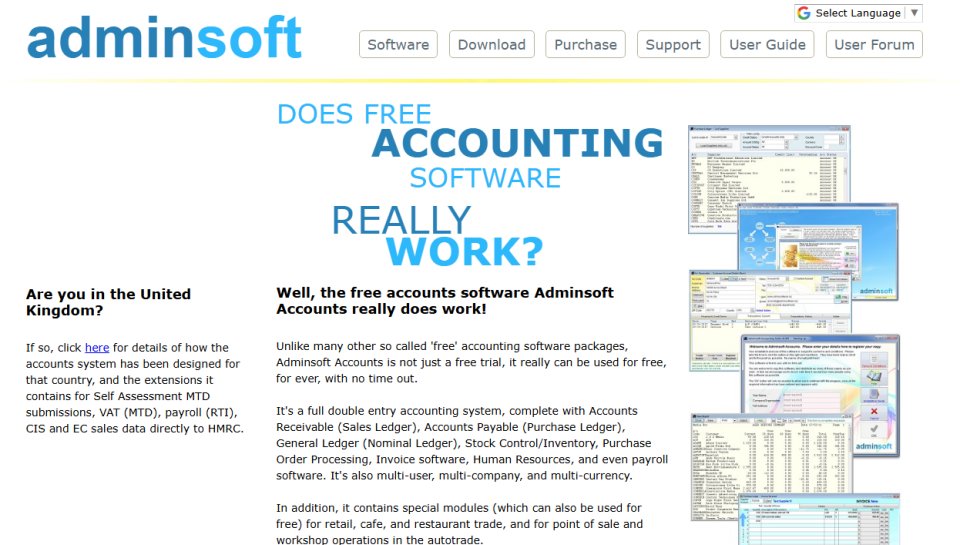 Website screenshot of Adminsoft Accounts (February, 2026)
