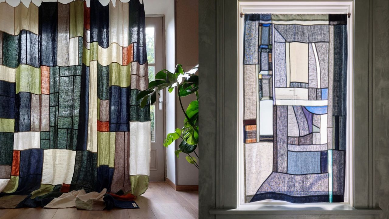 Two images of blue multi-colored pojagi patchwork curtains