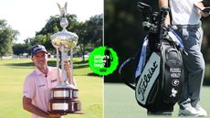 Russell Henley holds a trophy, with a close up of his golf bag