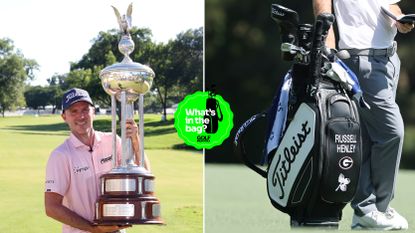 Russell Henley holds a trophy, with a close up of his golf bag