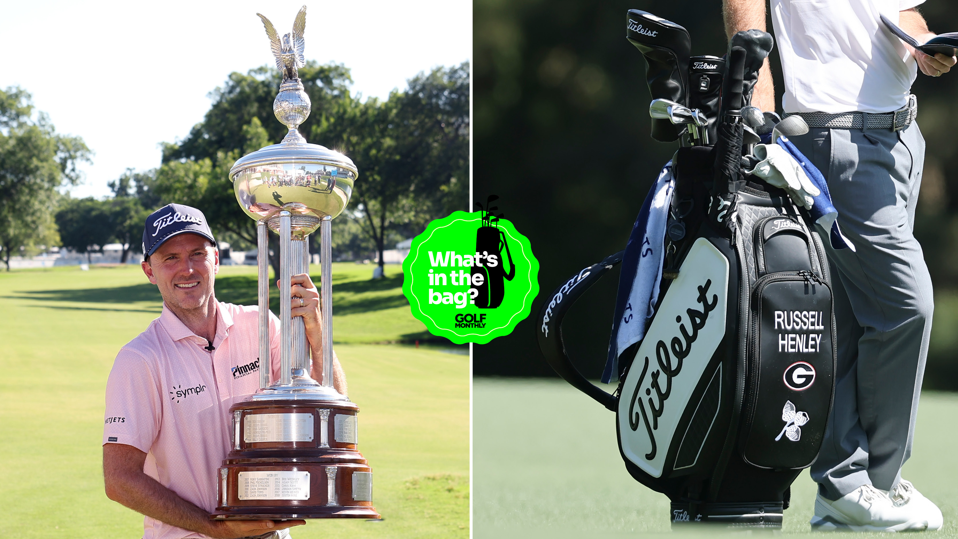 Russell Henley holds a trophy, with a close up of his golf bag