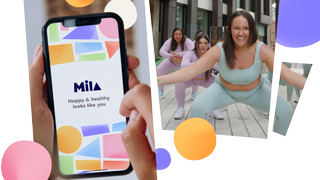 A woman squatting next to a phone showing the Mila app