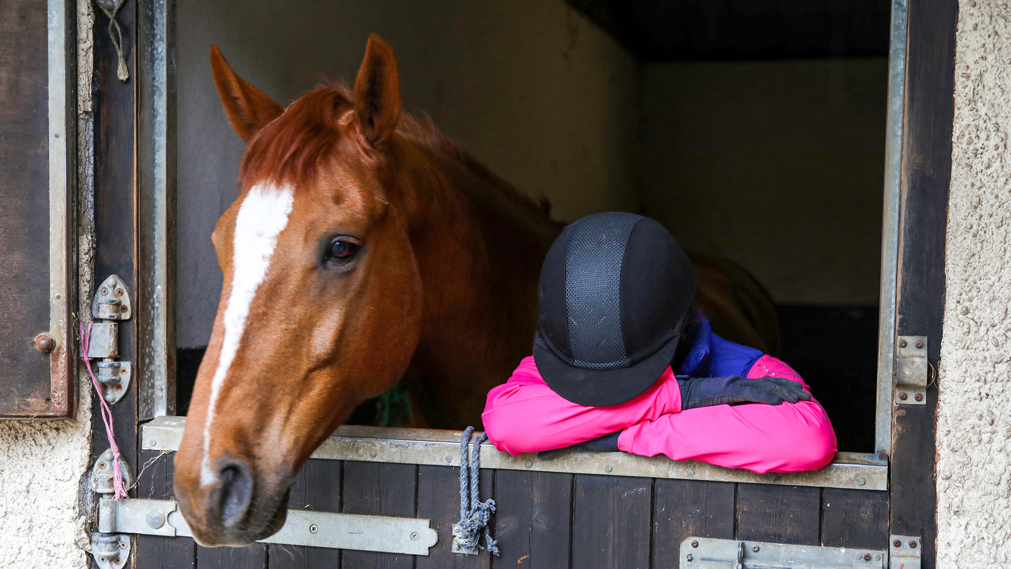Horse owner in stable looking stressed over saving money on horse costs