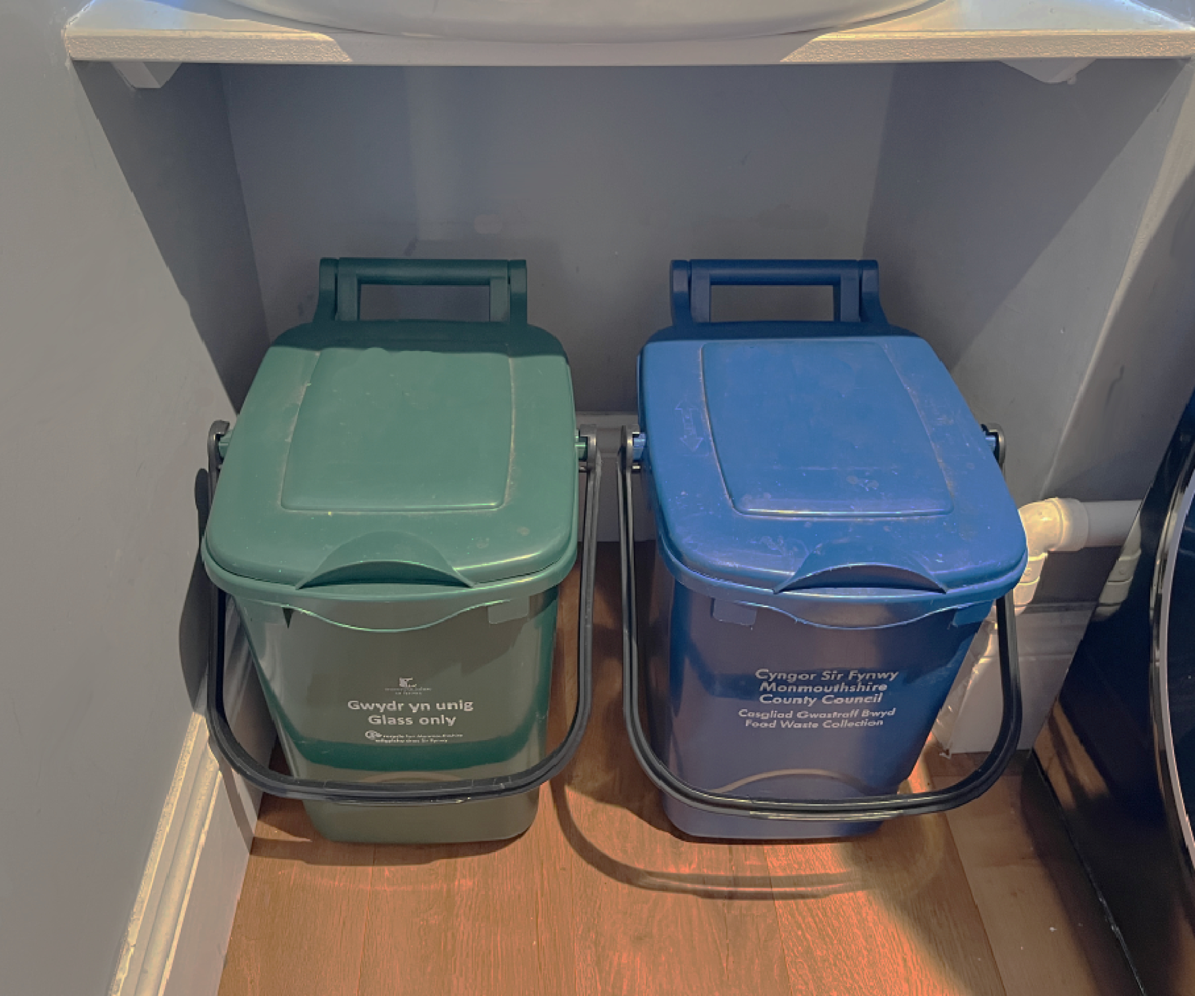 green and blue caddies under shelf in utility room