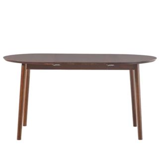 A dark brown dining table with a rounded top