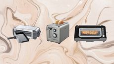 A trio of toasters including Ninja SF101 2-in-1 flip toaster, Oster 2-slice toaster and DASH toaster