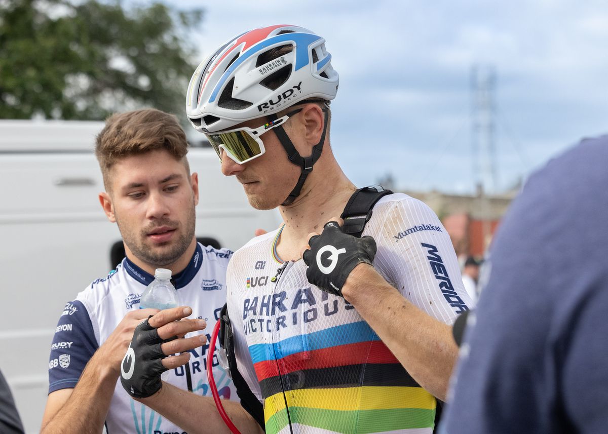 World Champion Matej Mohoric (Bahrain Victorius) broke a wheel and flatted twice before pulling himself from the race at checkpoint 2 in Council Grove.