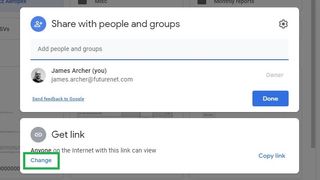 How to share a Google Drive folder step 7: In the “Get link” section that pops up, click “Change”