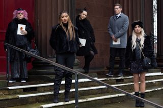 Family gather for the funeral of Sylver McQueen in Hollyoaks. 
