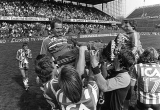 IFK Goteborg manager Sven-Goran Eriksson is hoisted up by his players after victory in the 1982 Swedish Cup final