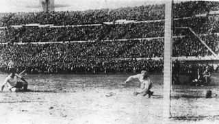 Uruguay score against Argentina in the 1930 World Cup final.