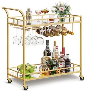 Vasagle Bar Cart Gold, Home Bar Serving Cart, Wine Cart With 2 Mirrored Shelves, Wine Holders, Glass Holders, for Kitchen, Dining Room, Gold Ulrc090a03