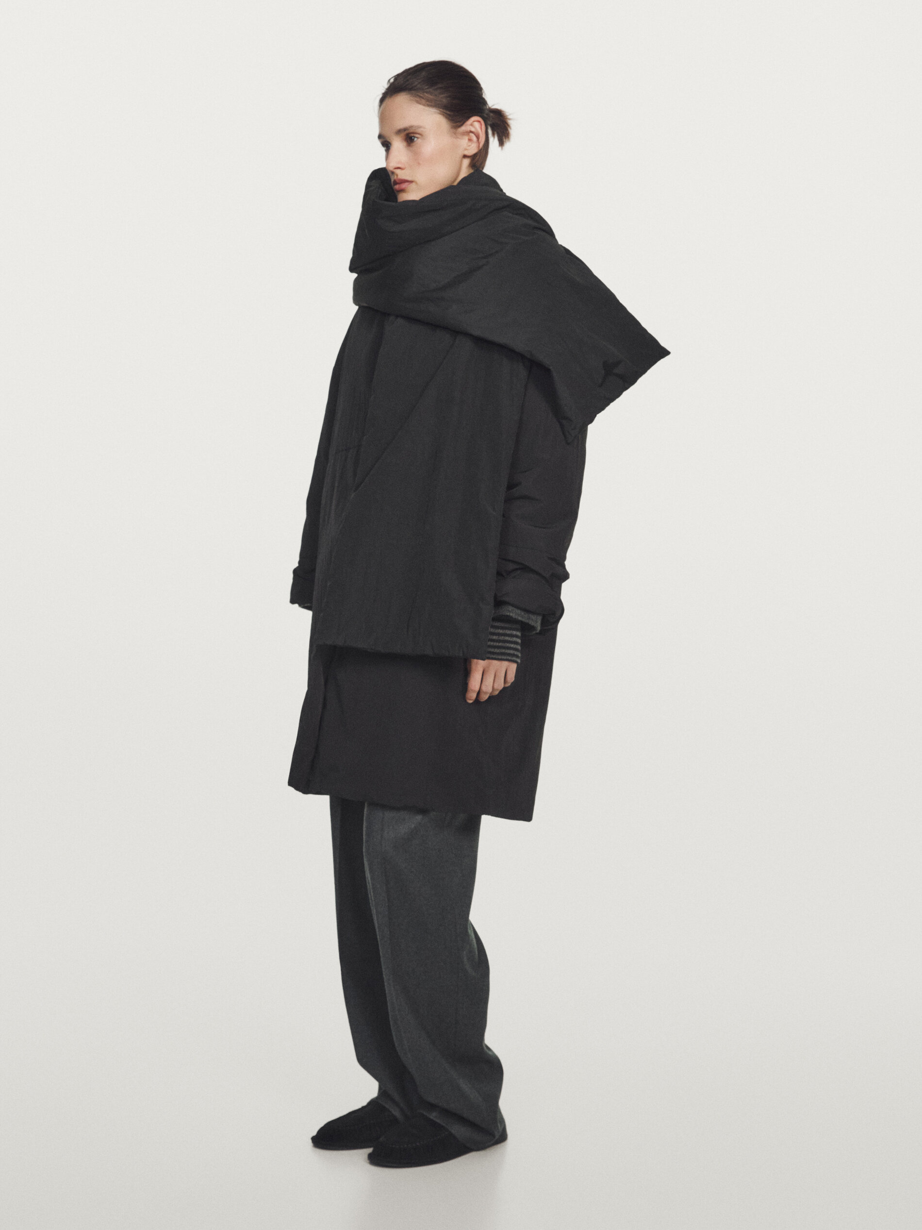 Long Water-Repellent Padded Coat With Scarf Detail