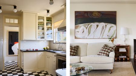 two side by side images of a stylish apartment in San Francisco