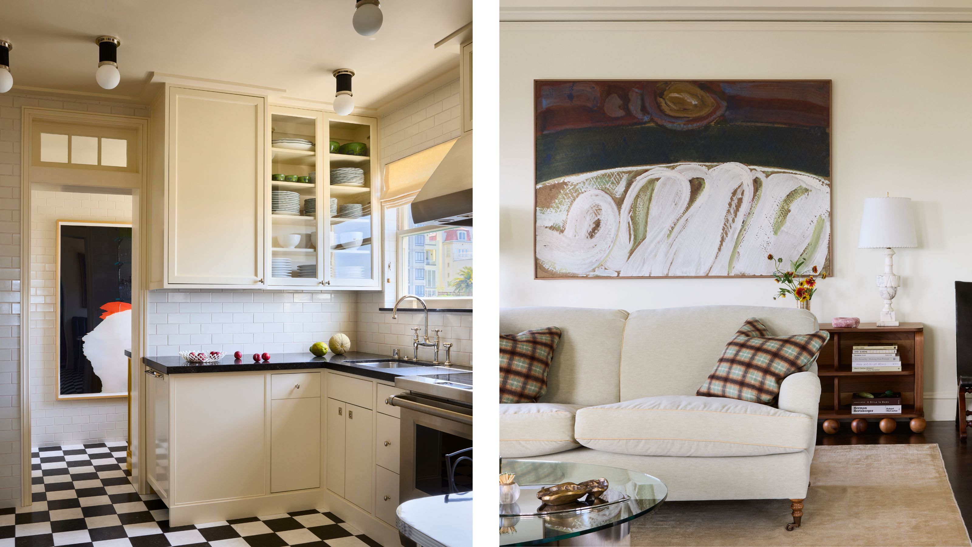 two side by side images of a stylish apartment in San Francisco