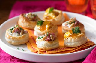 Cheese and bacon and Coronation chicken vol au vents