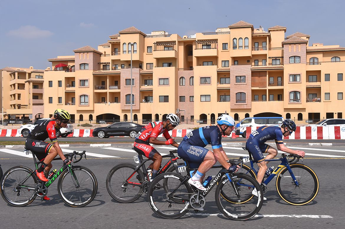 Daniel Pearson (Aqua Blue), Sun Xiaolong (Mitchelton-BikeExchange), Quentin Valognes (Novo-Nordisk) and Nasser Almemari (Team UAE) on the attack at the Dubai Tour.