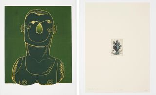 Grace, by Nicole Eisenman, 2015 (woodcut print). Right: Vase with Serpents, by Pablo Bronstein, 2015 (copperplate etching)
