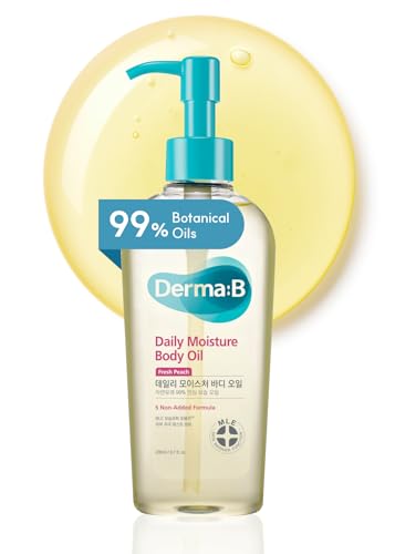 Derma B | Daily Moisture Body Oil | 99% Natural Argan &amp;amp; Sweet Almond Oil | Shower Oil for Dry Sensitive Skin | Light &amp;amp; Long-Lasting Hydration | Skin Body Care Oil With Peach Scent | 6.78 Fl Oz (200ml)