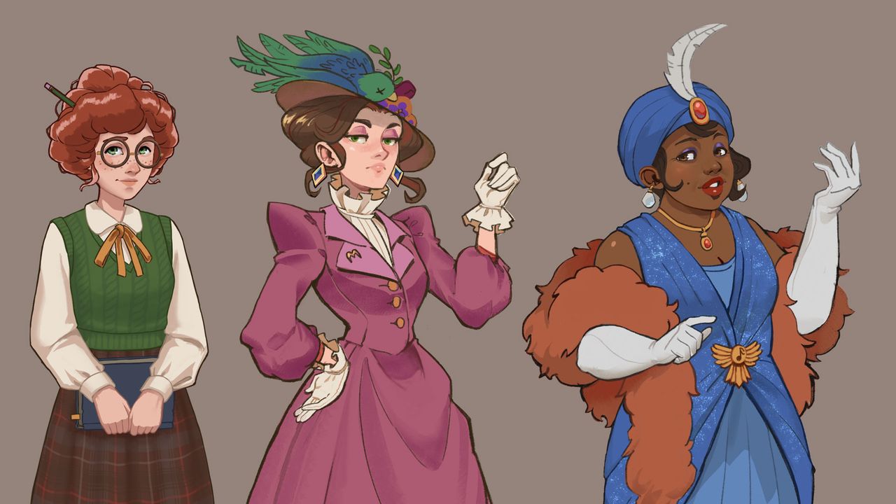 Character designs of ladies in dresses