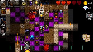 A screenshot of a purple-tiled dungeon in Crypt of the Necrodancer