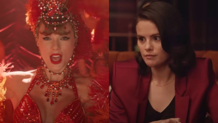 From left to right: Taylor Swift in the Fate of Ophelia music video dressed a showgirl and Selena Gomez looking to her left in Only Murders in the Building. 