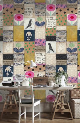 home office with patchwork wallpaper