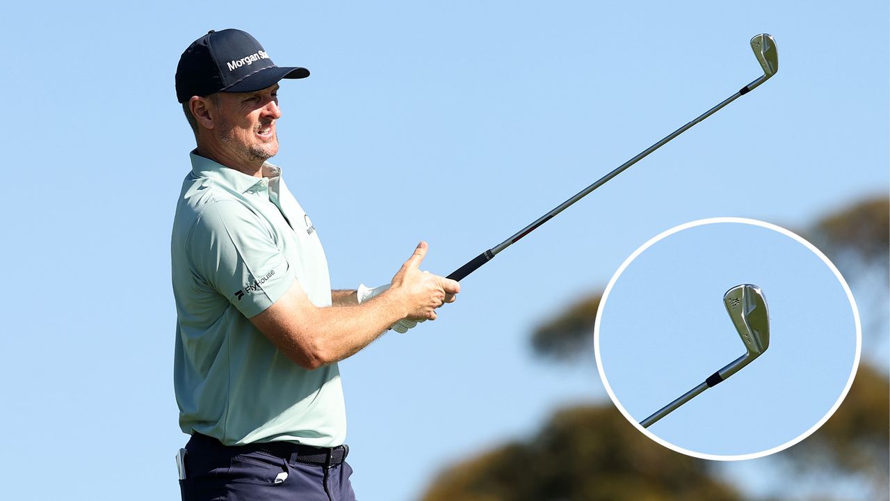Justin Rose hits an iron shot, with a close up of his irons