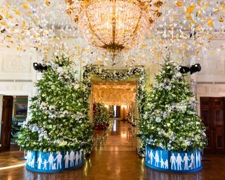 Christmas decoration in the East Room during the media preview of the seasonal décor at the White House