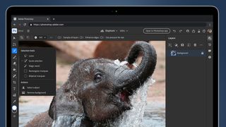 A screenshot showing the Adobe Photoshop on Web app with a baby elephant