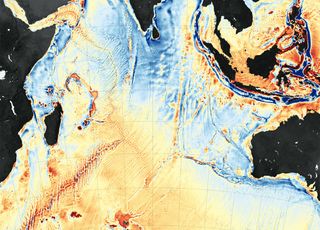 Satellite data enables scientists to map the seafloor, which is sinking under the weight of rising seas. (This map shows gravity anomalies in the western Indian Ocean.