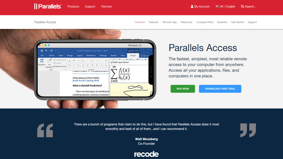 Website screenshot of Parallels Access
