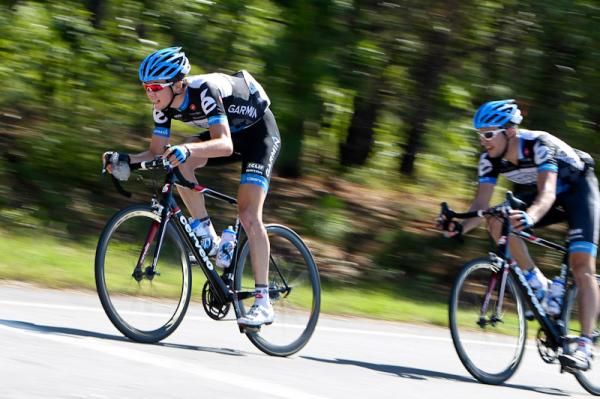 Rob Squire (Chipotle) leads teammate Jacob Rathe down one of the hilly sections.