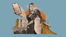 Photo composite illustration of reality TV stars Heather Gay and Taylor Frankie Paul, alongside Salt Lake City, Monument Valley and a MomTok hashtag