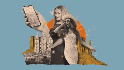 Photo composite illustration of reality TV stars Heather Gay and Taylor Frankie Paul, alongside Salt Lake City, Monument Valley and a MomTok hashtag