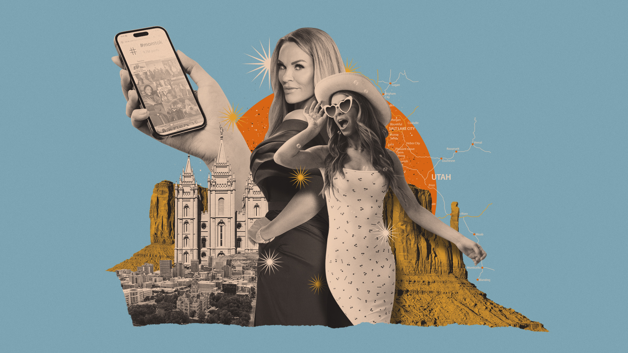 Photo composite illustration of reality TV stars Heather Gay and Taylor Frankie Paul, alongside Salt Lake City, Monument Valley and a MomTok hashtag