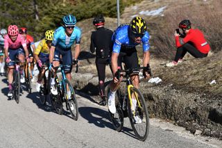 PRATI DI TIVO ITALY MARCH 13 Wout Van Aert of Belgium and Team Jumbo Visma Blue Leader Jersey Jakob Fuglsang of Denmark and Team Astana Premier Tech Sergio Andres Higuita Garcia of Colombia and Team EF Education Nippo during the 56th TirrenoAdriatico 2021 Stage 4 a 148km stage from Terni to Prati di Tivo 1450m TirrenoAdriatico on March 13 2021 in Prati di Tivo Italy Photo by Tim de WaeleGetty Images