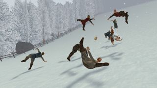 A pile of Britons rolling down a snowy hillside after a cheese wheel.
