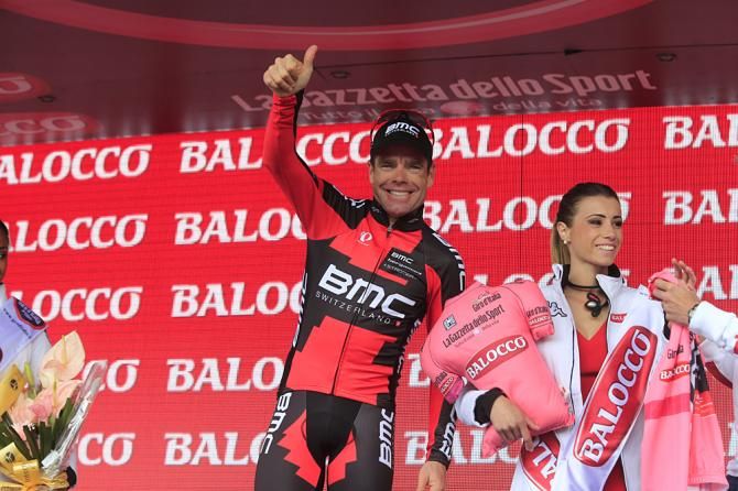Cadel Evans (BMC) celebrates his move into the lead of the Giro d'Italia