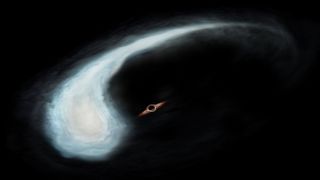 An illustration shows a bright, tadpole-shaped cloud of gas being stretched thin by an orange-rimmed black hole