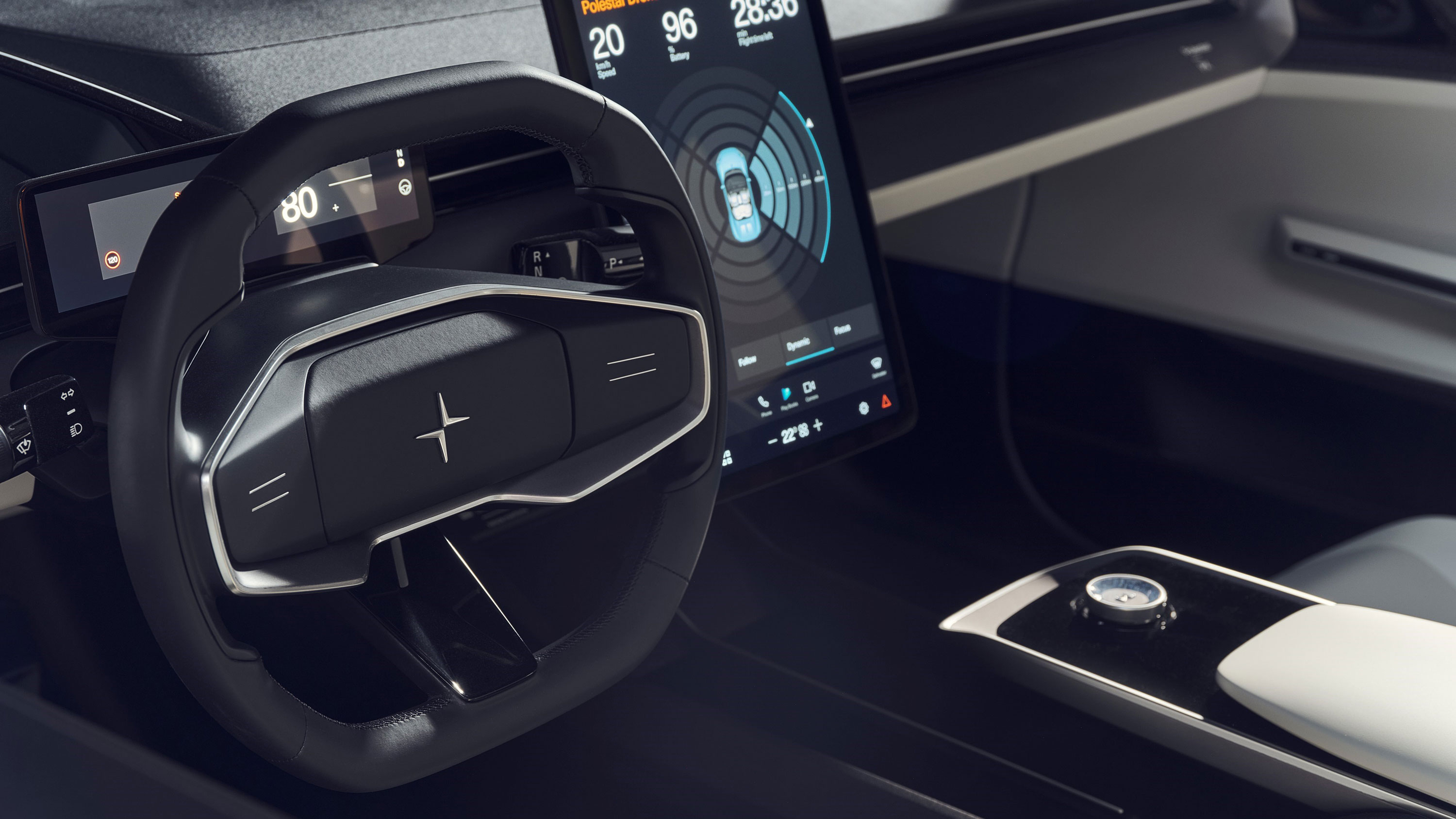 Close-up of steering wheel and display in the Polestar O2