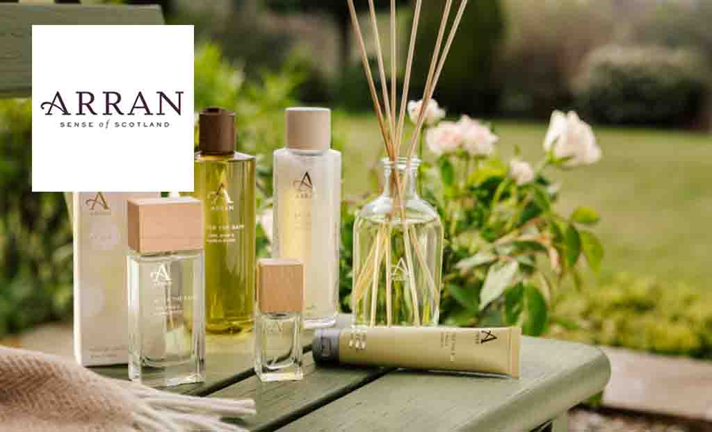 Arran logo placed in top left corner of the image showcasing summer scents