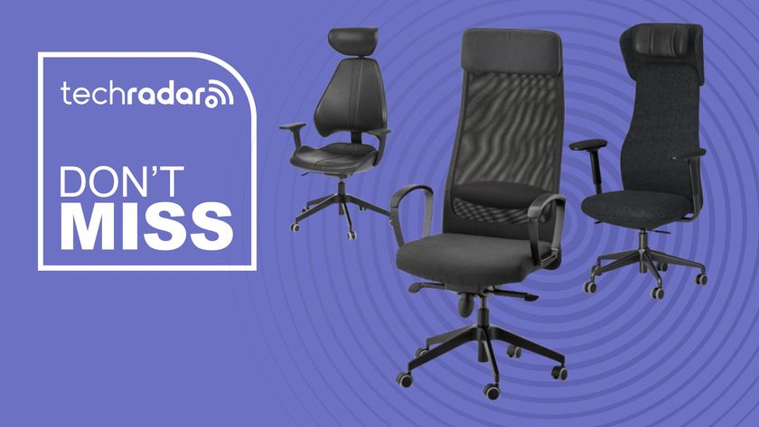 Three IKEA office chairs on a purple background next to a TechRadar badge that reads 'Don't Miss'