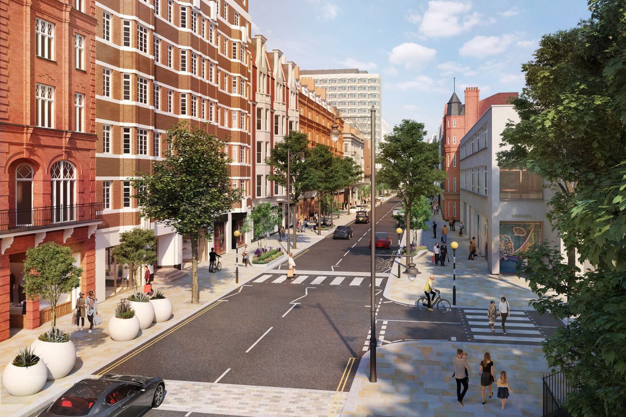 Render of redeveloped Sloane Street with wide pavements and green planting