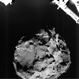 Image of Comet 67P acquired by the ROLIS instrument on the Philae lander during descent on Nov. 12, 2014, from a distance of approximately 3 kilometers from the surface. The image has a resolution of about 3 meters per pixel.