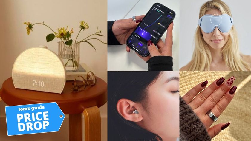 A collage of sleep tech gadgets including a sunrise alarm clock on bedside table with flowers and glasses, a phone in hands displaying Rise sleep app, sleep earplug in woman&#039;s ear, blonde woman wearing blue sleep mask and a woman&#039;s hand wearing an Oura ring