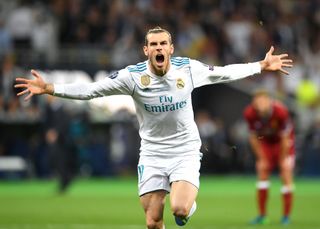 Gareth Bale celebrates after scoring his first goal for Real Madrid against Liverpool in the 2018 Champions League final.