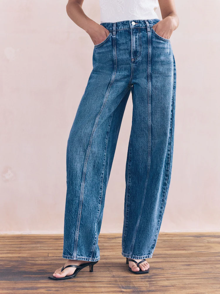 Mid Blue Denim Seam Front Barrel Leg Jeans