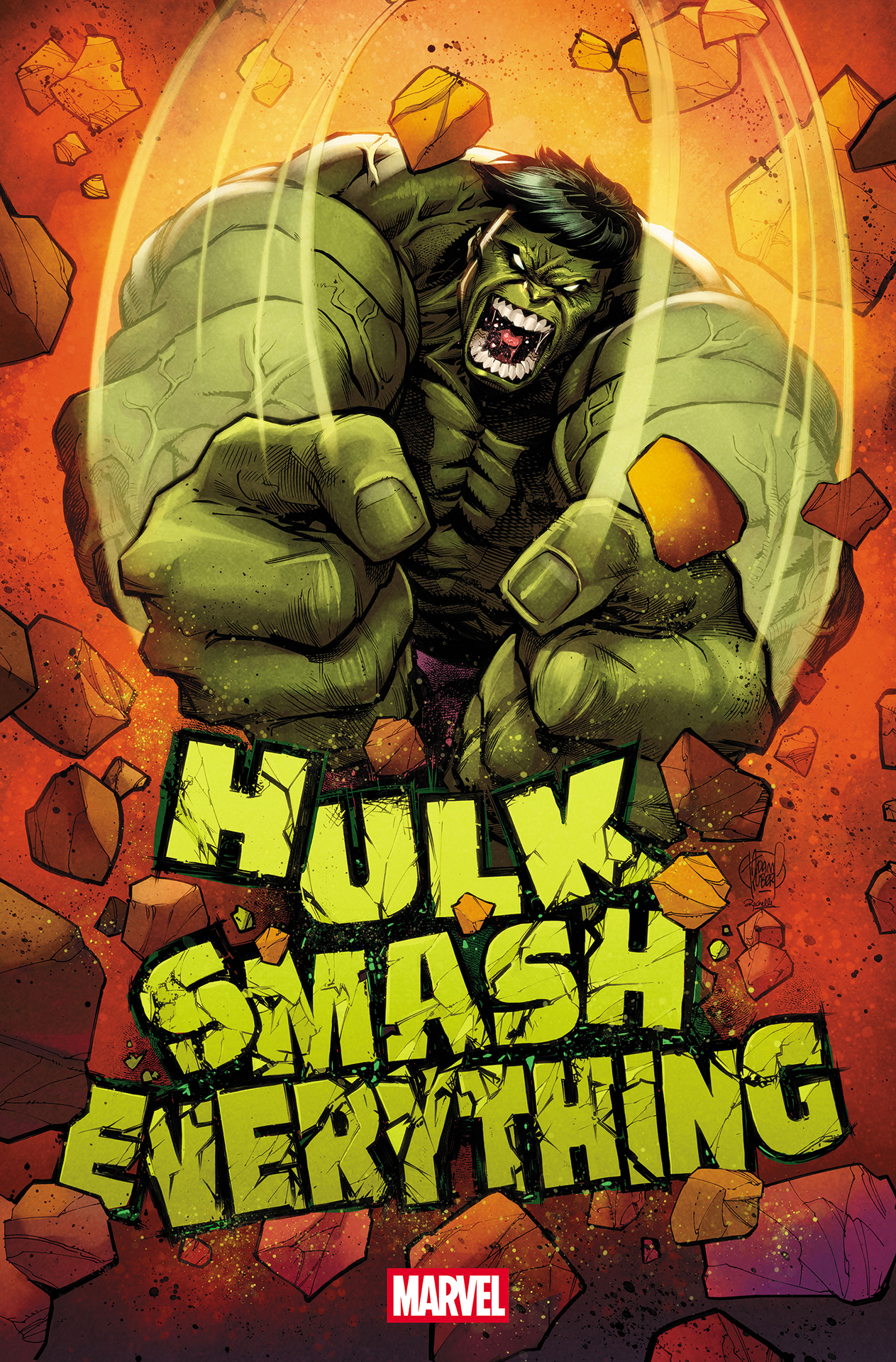 Hulk swinging his fists down to break the &#039;Hulk Smash Everything&#039; logo